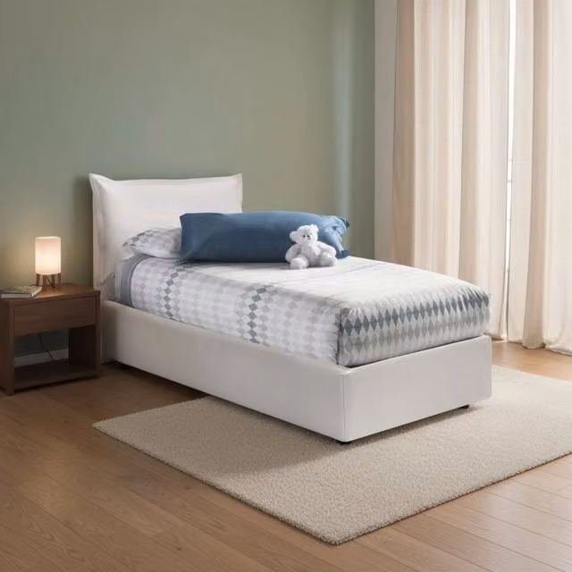 Letto singolo contenitore Anathema Talamo Italia con rivestimento in ecopelle, apertura laterale, Bianco, adatto per materasso 80x190 cm