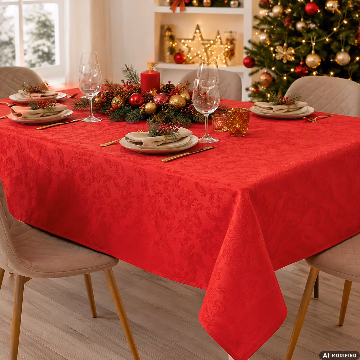 Tovaglia Natalizia Jacquard Vestiamo Casa Rossa con Motivo Floreale per 10 Posti L: 300 cm, P: 140 cm – 2