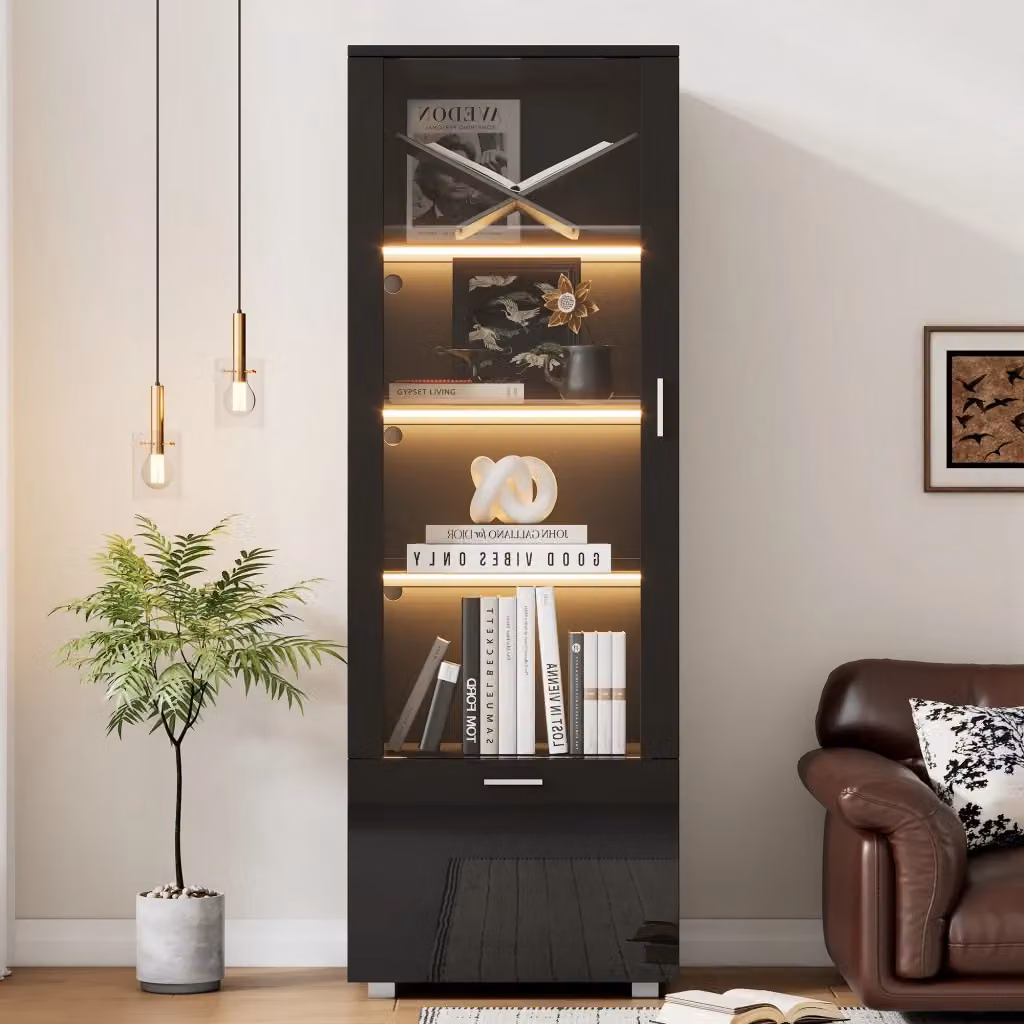 Vetrina Chicfurn per soggiorno in truciolato nero lucido con ante in vetro, illuminazione LED e 3 ripiani interni, L/P/H: 40 x 40 x 160 cm – 2