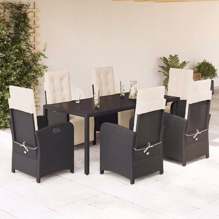 vidaXL Set da Pranzo da Giardino 7 pz in Polyrattan Nero con Cuscini e Tavolo in Vetro