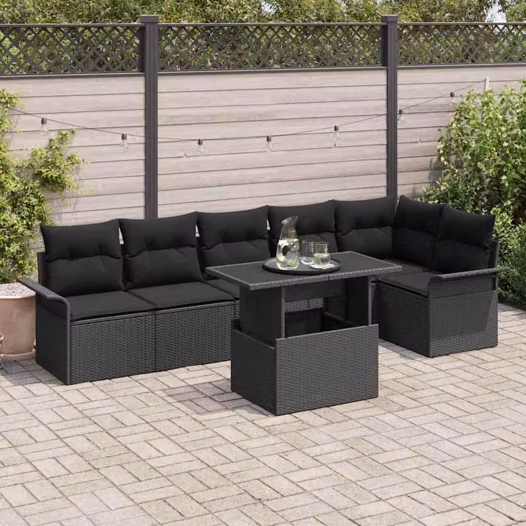 Maison Exclusive - Set da giardino composto da 7 pezzi, divano e poltrone, in rattan sintetico nero