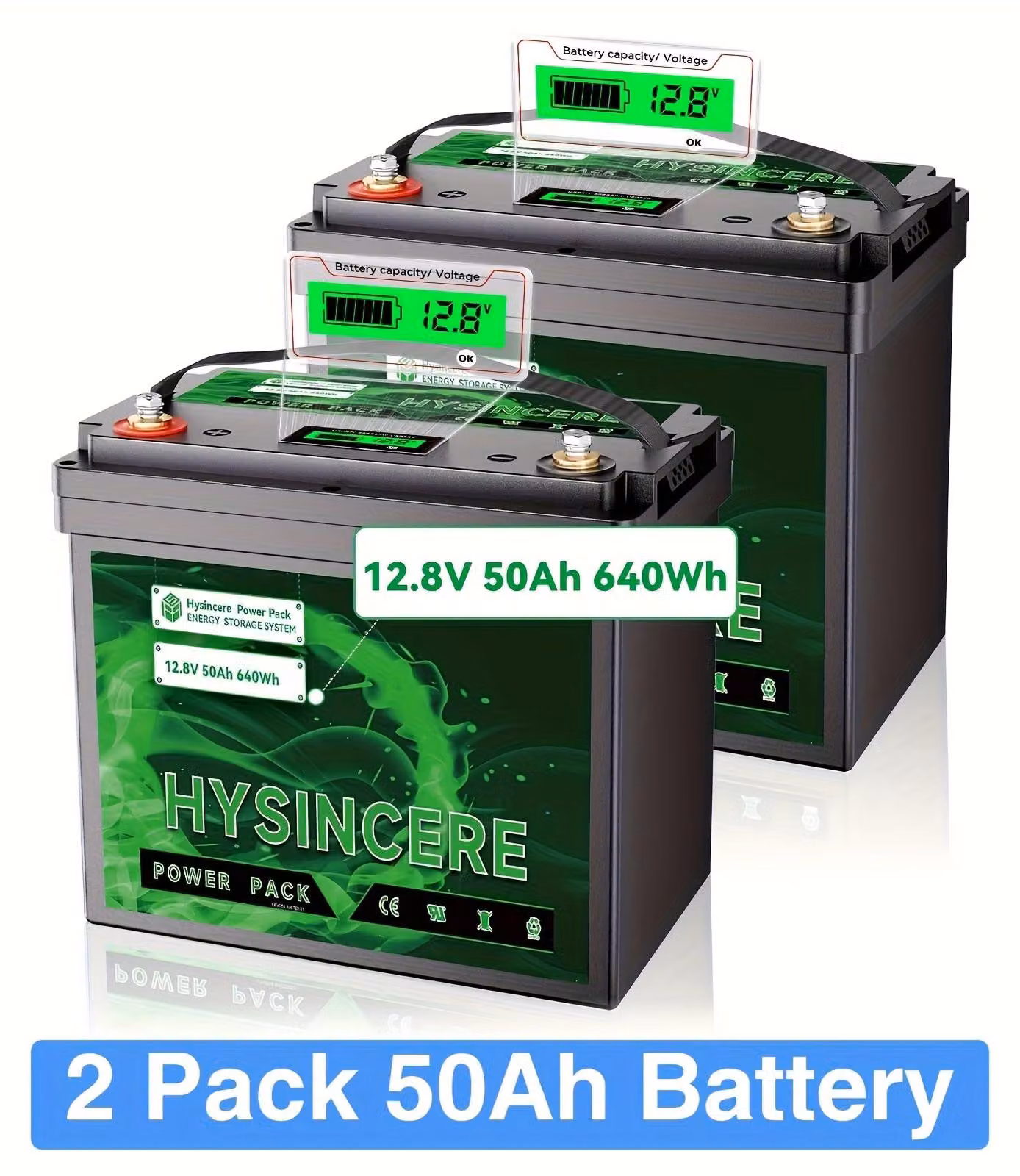 Batteria LiFePO4 da 12,8V - Batteria al litio - Batteria per camper - Batteria di ricambio - Batteria solare - Confezione da 2 da 50Ah - Protezione BMS da 50A