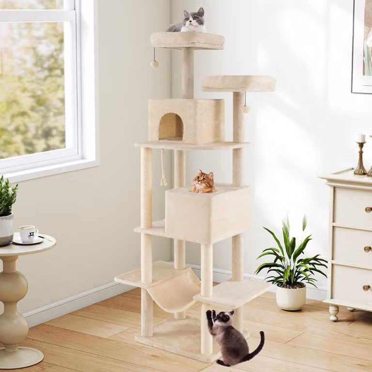 Albero per gatti Costway beige con torre multi-livello, 2 condomini e postazioni soffici in sisal, Altezza: 205 cm