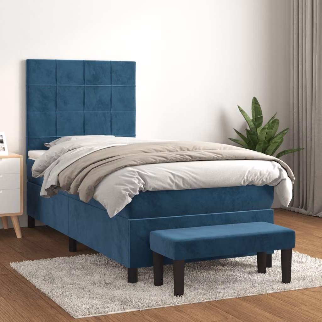 The Living Store Letto a molle con materasso blu scuro 90x200 cm in velluto