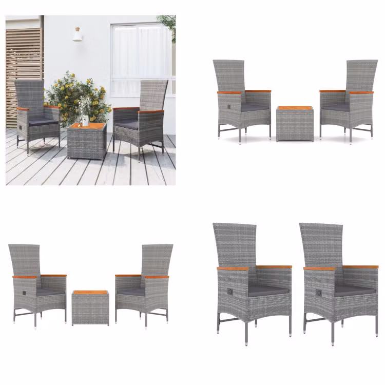 vidaXL Set salotto da giardino 3 pezzi in poly rattan grigio e legno massiccio di acacia - Set salotto da giardino - Set salotto da giardino - Set mobili da giardino