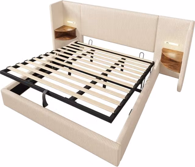 Letto matrimoniale imbottito 180x200 con luce da lettura, doppia ricarica USB Type-C, struttura in legno massiccio e metallo beige-bianco