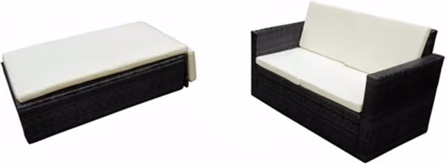 Set di divani da giardino vidaXL con pouf e cuscini, struttura in metallo nero e rattan bianco