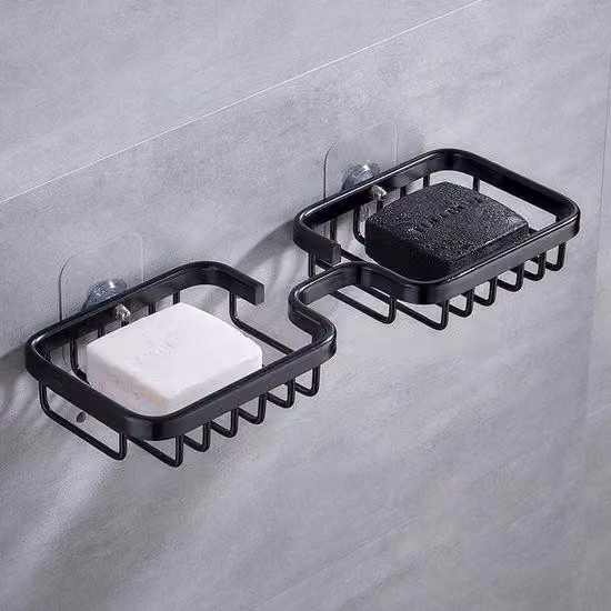 Set per doccia - 2 pezzi - Porta sapone - Sapone rettangolare - Per doccia - Bagno - Nero - Autoadesivo - Alluminio