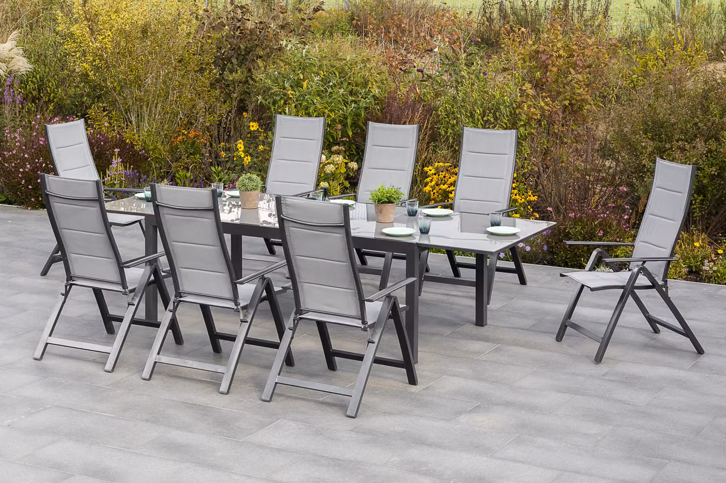 Set di mobili da giardino Merxx "Florenz" da 9 pezzi con tavolo allungabile 200/300 x 110 cm - Struttura in alluminio color grafite con rivestimento in tessuto grigio