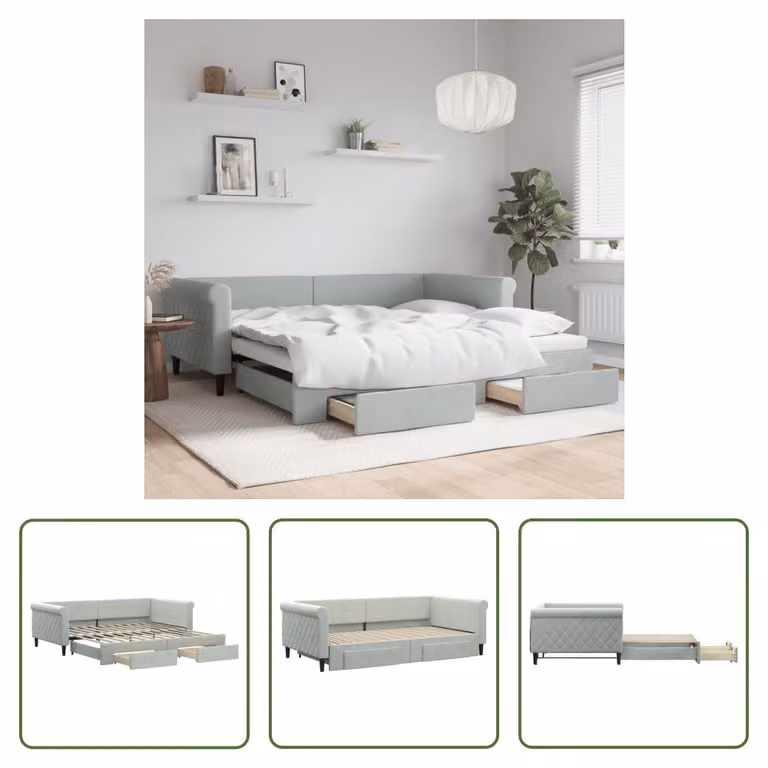 The Living Store Letto da giorno allungabile con cassetti grigio chiaro 100x200 cm in velluto