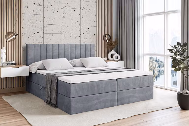 Letto boxspring ALTDECOR con materasso H4 e topper - 120 x 200 cm - EDITA - Velluto grigio - Letto imbottito con contenitore e rete a doghe, letto con spazio contenitivo