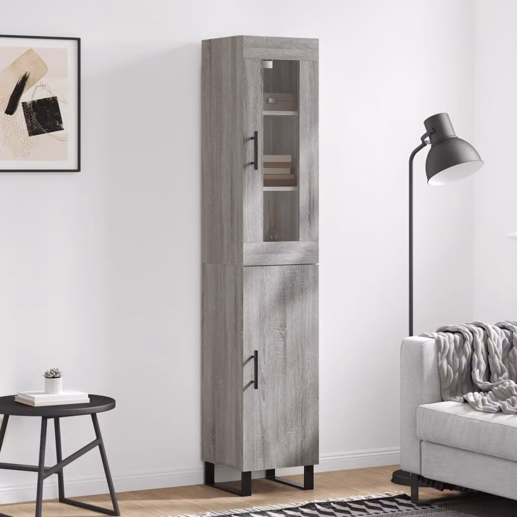 Credenza moderna vidaXL in legno e metallo con ante in vetro, Grigio Sonoma, L/P/H: 34,5 x 34 x 180 cm