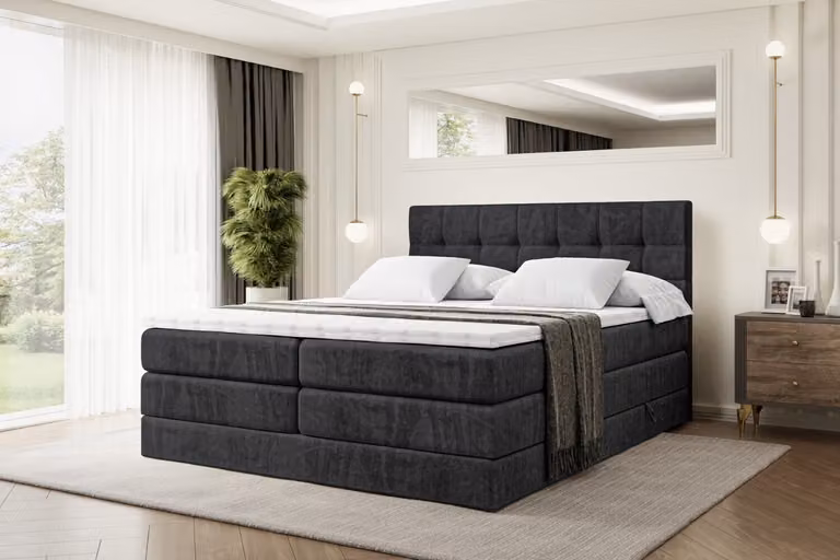Letto boxspring ALTDECOR con 2 materassi e topper - 140x200 cm - BERO KING - Velluto nero - Letto imbottito con materassi H3 e H4, contenitore e rete a doghe, letto con spazio contenitivo