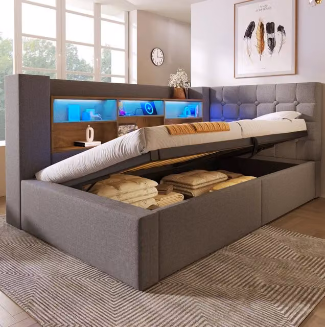 Letto singolo imbottito 90x200 cm con LED, contenitore idraulico e testiera a L reversibile, tessuto lino grigio, con materasso 7 zone H3