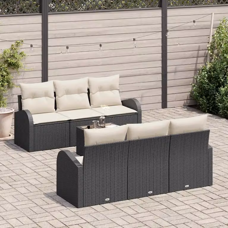 vidaXL Set Divano da Giardino a L in Polyrattan con 7 Pezzi, Nero e Beige, per 6 Persone