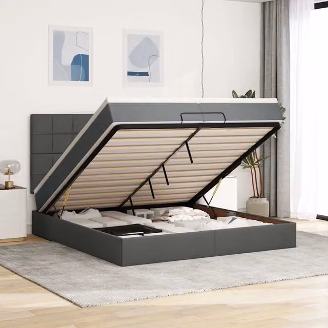 Letto con contenitore a sollevamento vidaXL in tessuto con illuminazione sottostante e porta USB, L/P/H: 200 x 200 x 280 cm, Grigio e Bianco