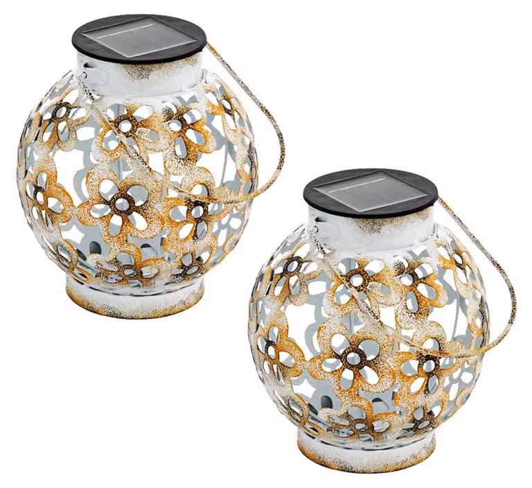 set di 2 luci a sospensione solari a LED, timbri decorativi, bianco-giallo, H 14 cm