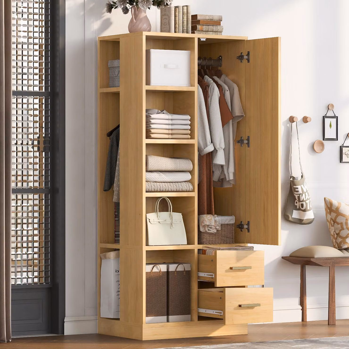 Armadio a muro con ante a battente, dotato di 2 aste appendiabiti, armadio guardaroba con porta e 2 cassetti, armadio guardaroba dimensioni 70x50x170 cm, finitura naturale