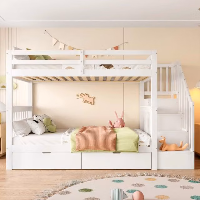 Letto a castello Mivray per bambini in legno e MDF bianco con scala a ripiani e due cassetti L/P/H: 251.5 x 90 x 120 cm