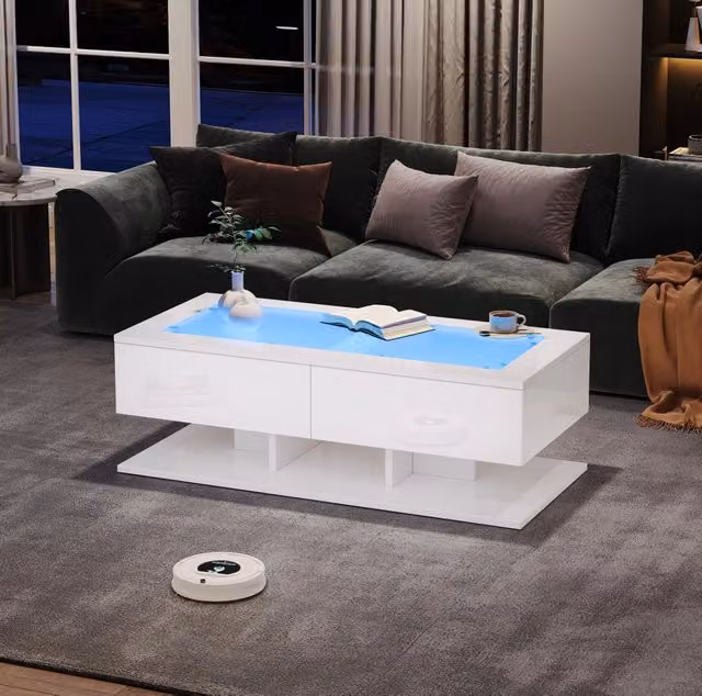 Tavolino da salotto MODFU bianco lucido con piano in vetro temperato e 2 cassetti L/P/H: 100 x 50 x 35 cm – 1