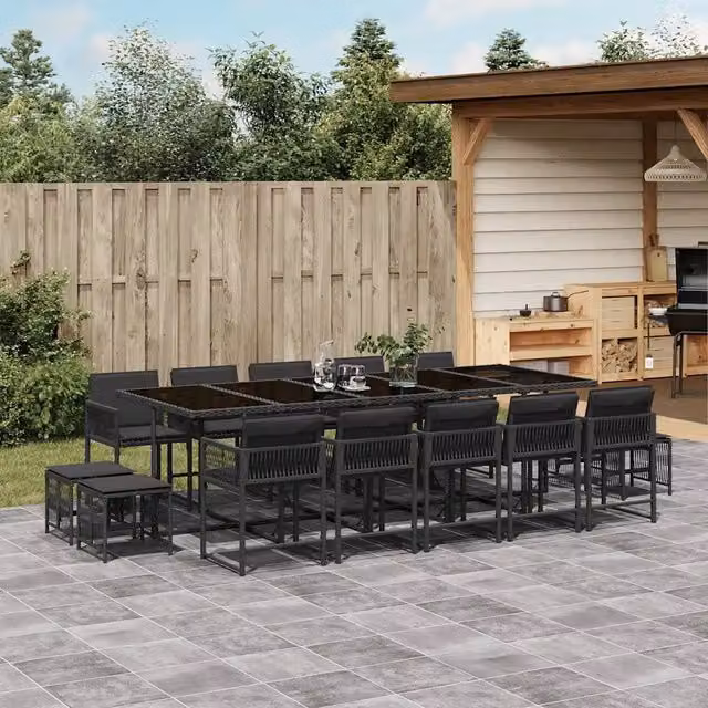 Set da Pranzo da Giardino vidaXL in Polyrattan Nero con Cuscini e Tavolo in Vetro, 15 Pezzi – 1