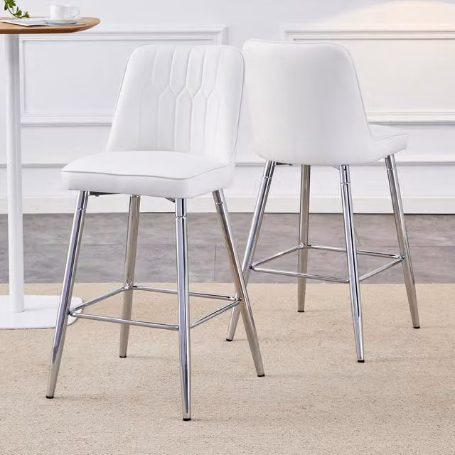 Sgabelli da bar, 2 pezzi in pelle PU bianca con schienale, poggiapiedi e struttura in metallo argentato, altezza 100 cm
