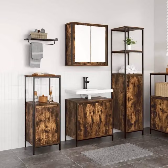 Set di mobili per il bagno moderno vidaXL in legno e metallo, 3 pezzi, marrone e nero, L/P/H: 165 x 44,45 x 36 cm – 1