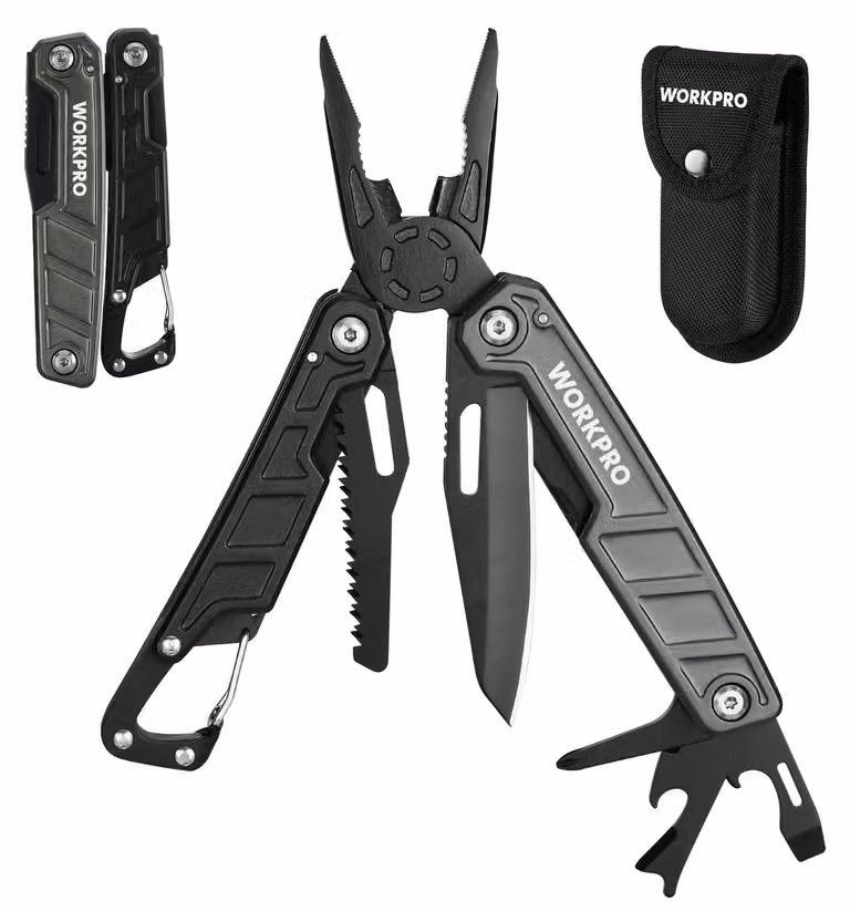 Pinza multiuso - 11 in 1 - Acciaio inossidabile - Pieghevole - Con moschettone e custodia