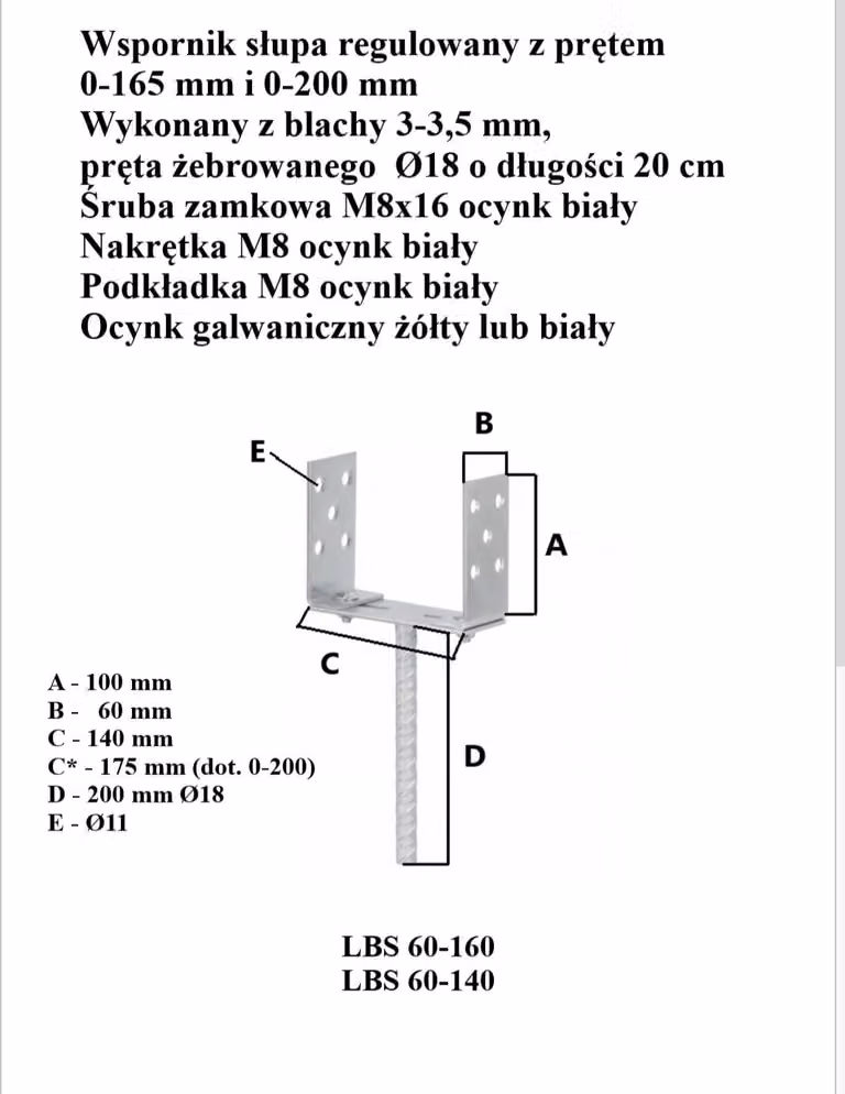 Base regolabile per palo, da 0 a 165 mm, per barre, zincata a caldo - Modello LBS 60