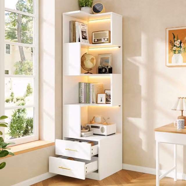 Libreria Angolare ¨C Minimal ¨C Bianca 4 ripiani 2 cassetti 165cm legno per soggiorno camera