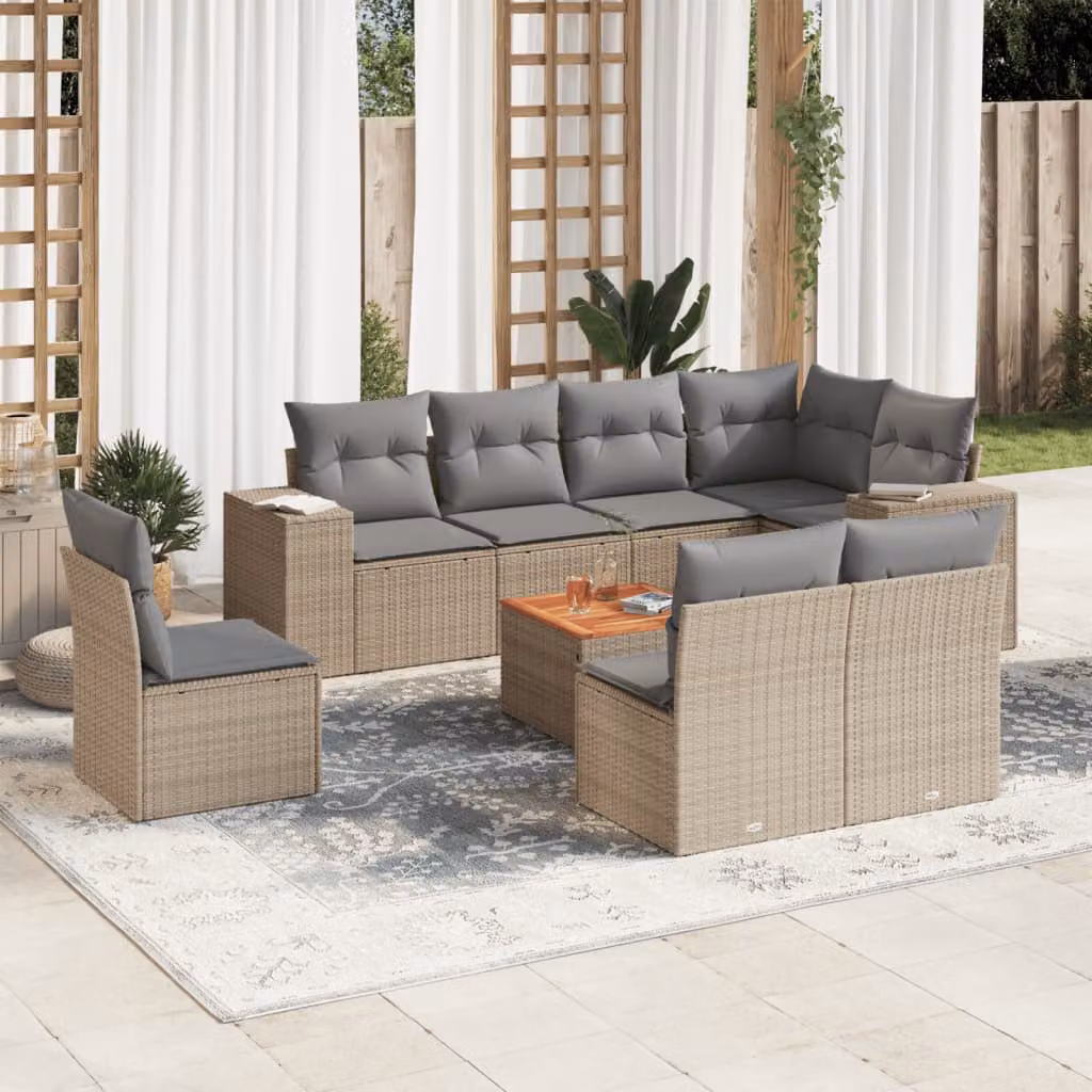 vidaXL Set Divano da Giardino a L in Polyrattan con Cuscini Beige e Tavolino da Esterno 9 pz – 1