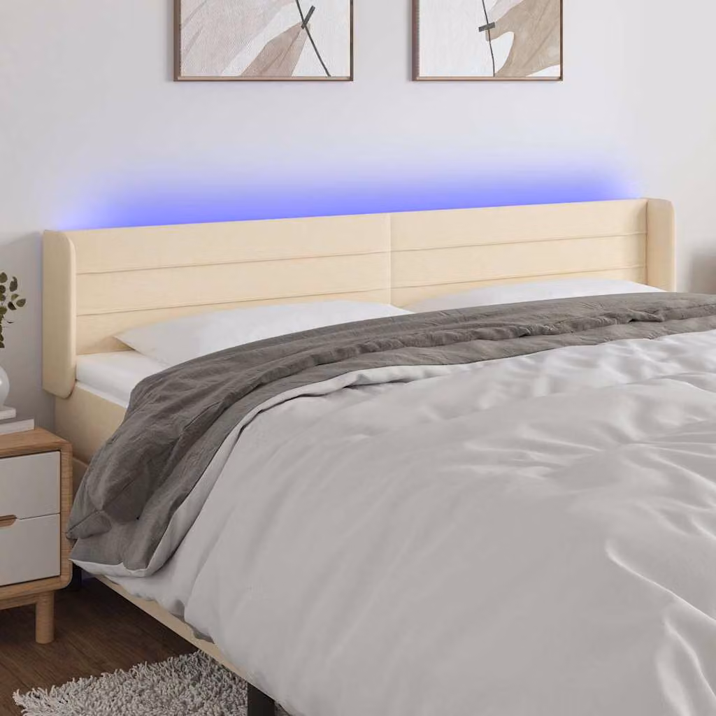 Testiera per letto vidaXL in tessuto beige con illuminazione LED e porta di ricarica USB, L: 183 cm, P: 16 cm, H: 78-88 cm