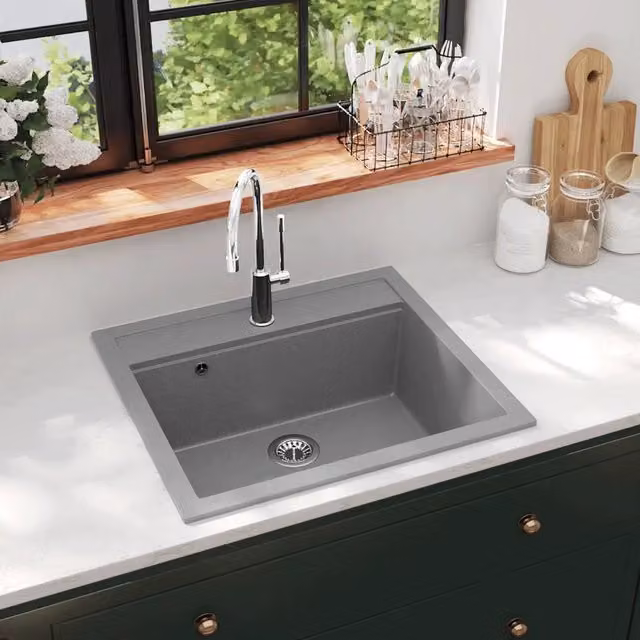 Lavello da Cucina in Granito Vasca Singola-Lavandino-Lavabo Grigio 940609