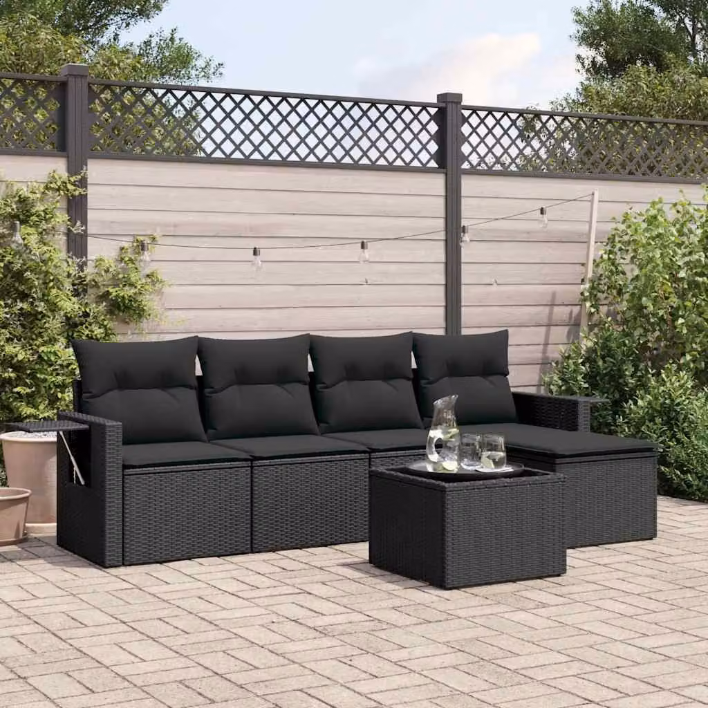 vidaXL Set Divano da Giardino 6 pz in Polyrattan Nero con Cuscini e Tavolino – 1