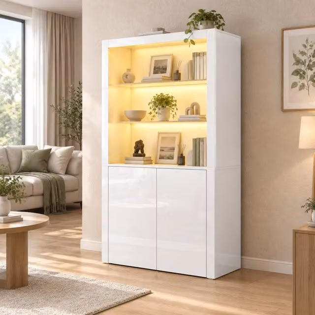 Vetrina Mivray moderna in MDF bianco lucido con ante in vetro e illuminazione integrata L 100 cm, P 35 cm, H 170 cm – 1