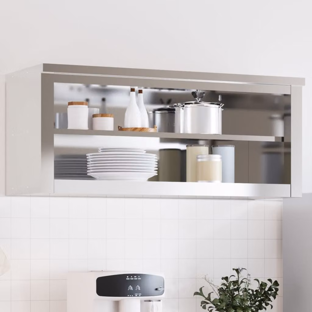 Mobile Cucina da Parete vidaXL con Ripiano in Acciaio Inossidabile, Bianco e Argento, L: 110 cm, H: 46 cm, P: 40 cm