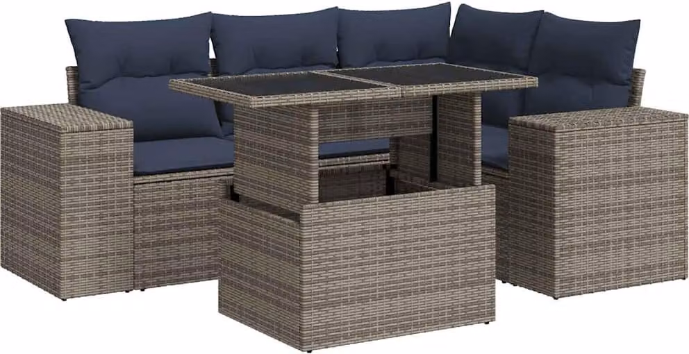 Set Divano da Giardino 5pz con Cuscini Grigio Polyrattan