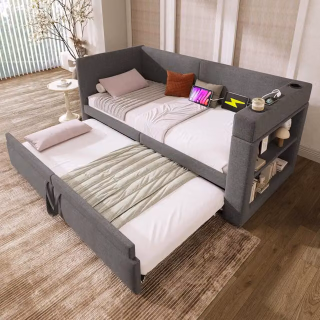 Letto singolo imbottito 90x200 cm; divano letto con letto estraibile; USB e Tipo C; grigio