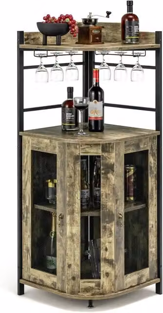 Mobile Bar Angolare Costway in Stile Industrial con Portabicchieri e Ripiani Interni, Marrone e Nero