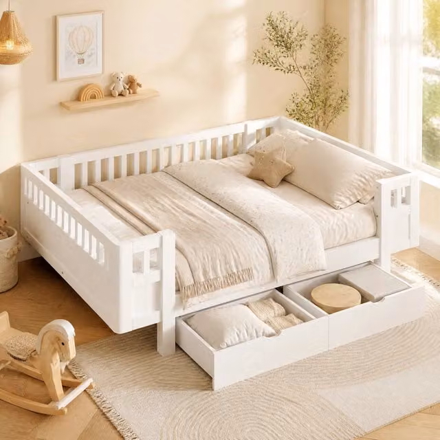 Letto per bambini Mivray con cassetti e barriera perimetrale, struttura in legno e MDF bianco, L/P/H: 200 x 140 x 144 cm