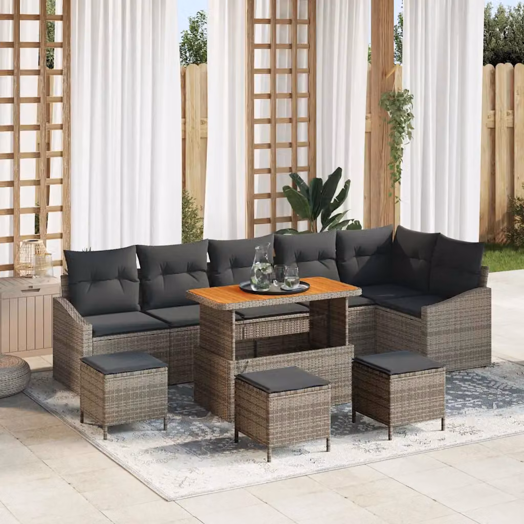 Set Divano da Giardino Moderno vidaXL in Polyrattan Grigio con Cuscini e Legno di Acacia, 10 Pezzi – 1