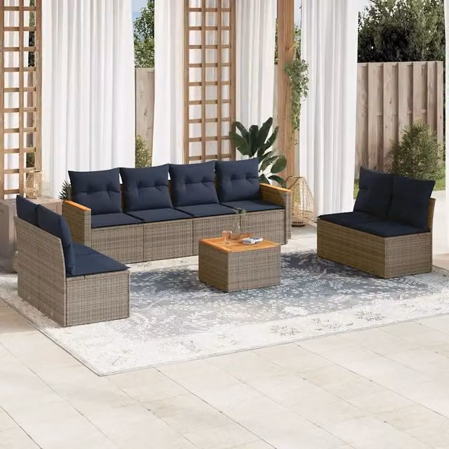 Set di divani da giardino vidaXL a forma di U in polyrattan con cuscini grigi e blu e tavolino da esterno