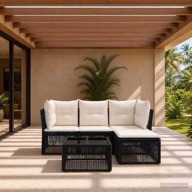 Set Divano da Giardino a L vidaXL in Polyrattan Nero con Tavolino e Ottoman, 5 Pezzi