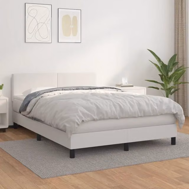 Letto con Giroletto a Molle e Materasso Ibrido vidaXL in Similpelle Bianco L/P/H: 193 x 144 x 78 cm, Materasso 140 x 190 cm