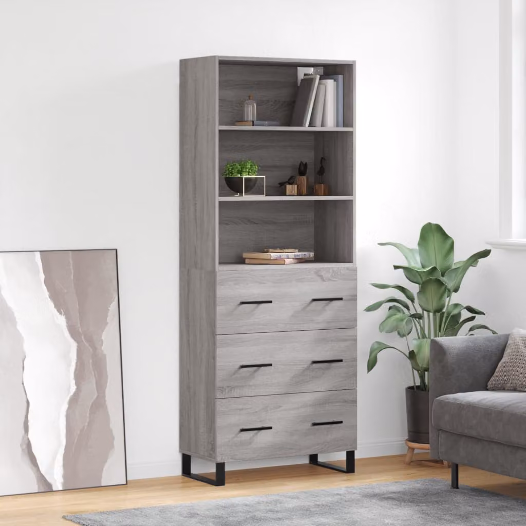 Credenza moderna vidaXL in legno multistrato e metallo, Grigio Sonoma, L: 69,5 cm, P: 34 cm, H: 180 cm