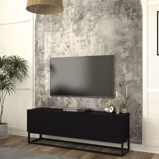Mobile Porta TV Verpsboga en.casa con 2 Ante Decorative e Telaio in Metallo, Nero, L 135 cm x P 31,5 cm x H 46,5 cm