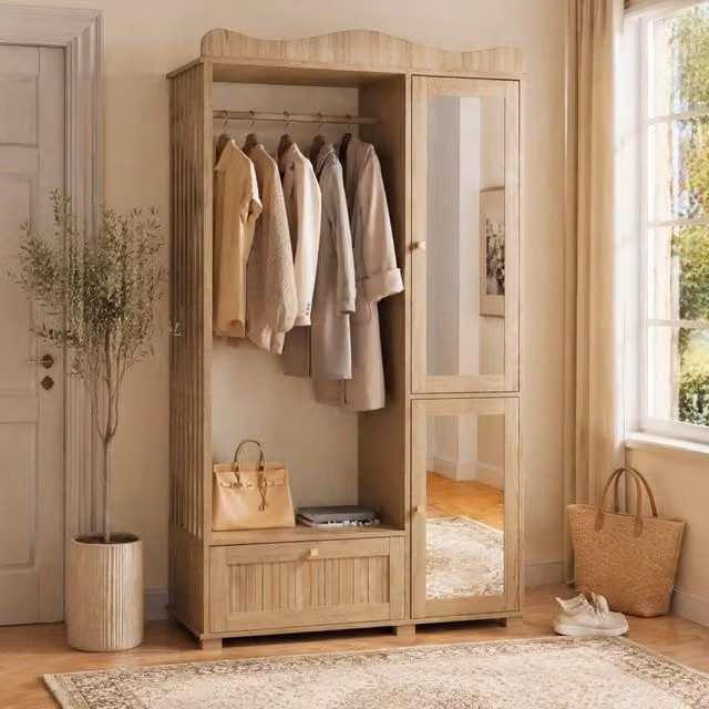 Armadio con specchio e barra appendiabiti aperta in MDF color rovere con ante e cassetti 115.5 × 38.5 × 194.5 cm