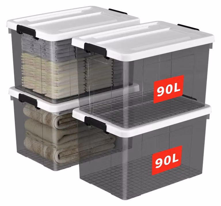 Cetomo, set di 4 contenitori di stoccaggio da 90L, contenitori con coperchio, organizer con clip, impilabili e nidificabili, ideali per la casa e l'ufficio, in plastica trasparente nera, confezione da 4