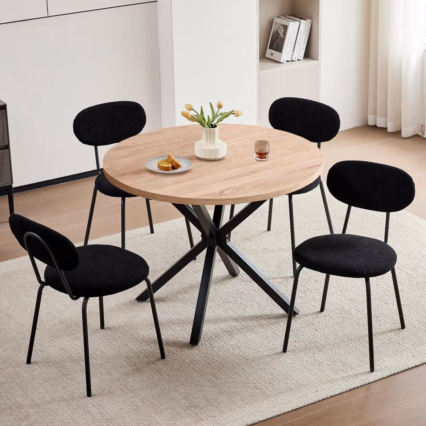 Set tavolo e sedie: 4 sedie, tavolo rotondo in legno, diametro 100 cm, impilabili, colore kaki chiaro/nero