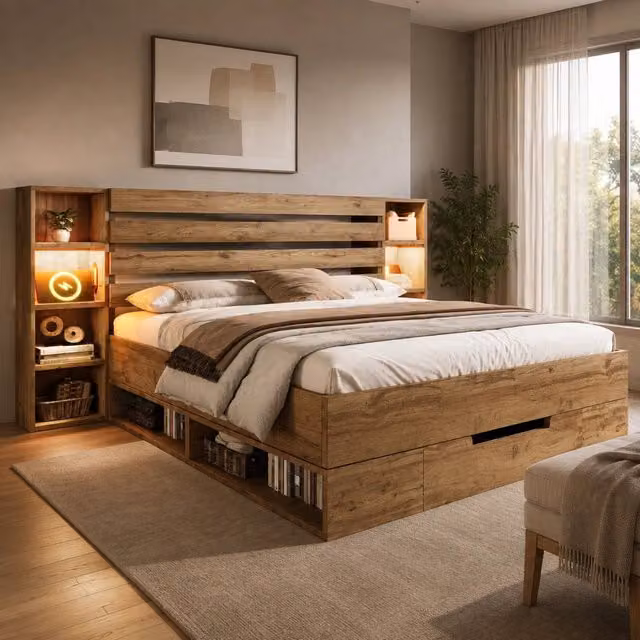 Letto contenitore REDOM con LED, porta USB e cassetti, colore Rovere, L/P: 180 x 200 cm
